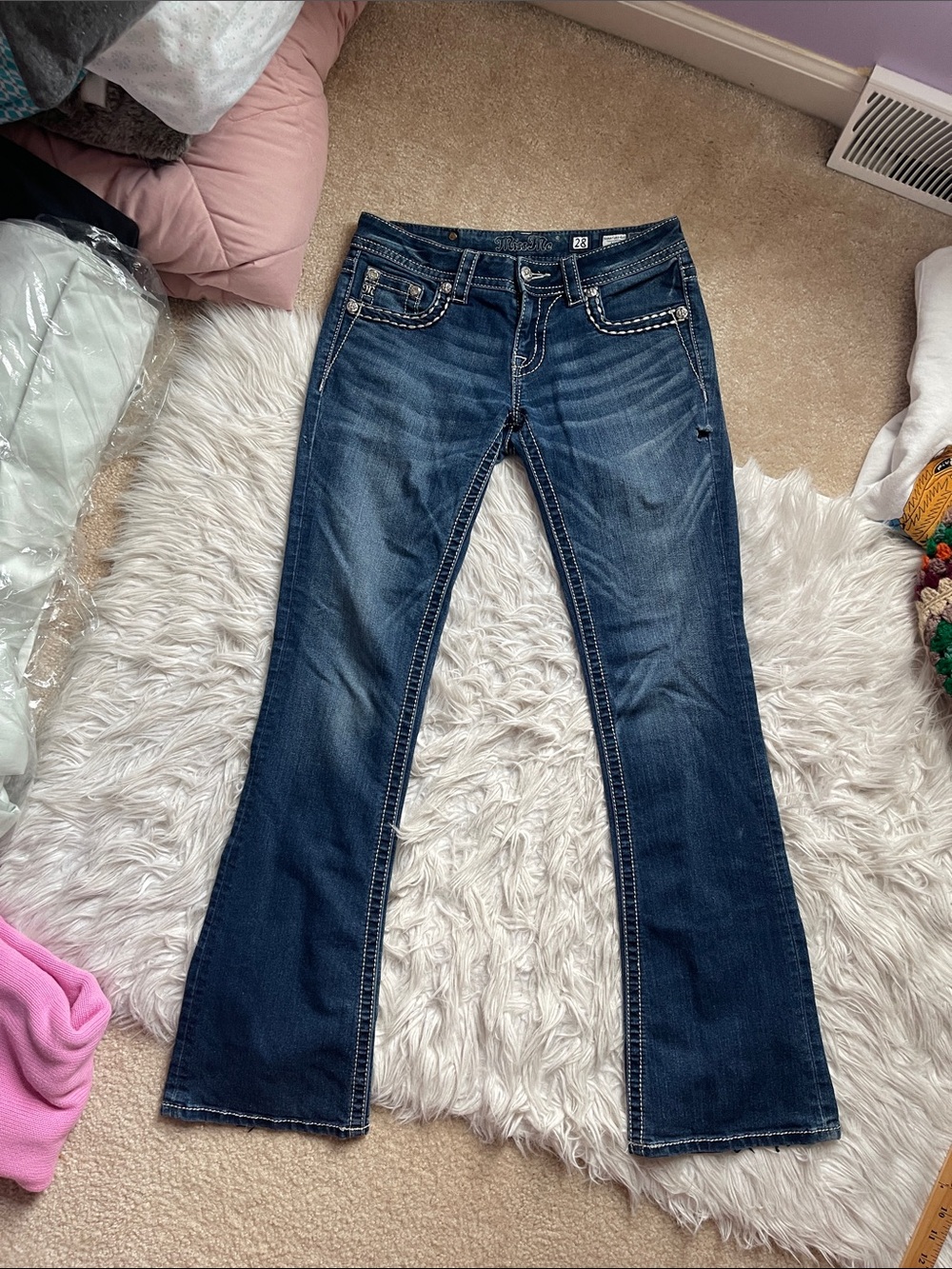 Miss Me Dark Blue Flare Jeans with Contrast Stitching